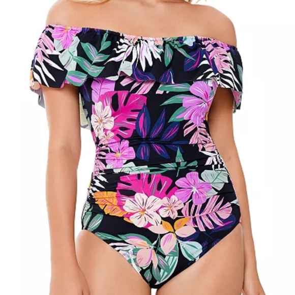 unbranded Other - Off The Shoulder Black Tropical Print Tummy Control Waist Mininizer Swimsuit